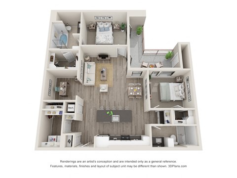 Floor plan for 2 beds, 2 baths, 1398 sqft